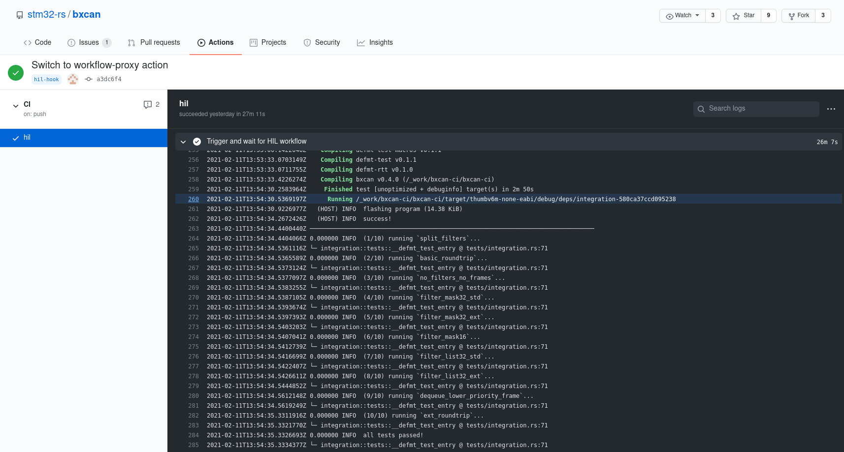 The console output of a GitHub Actions build.